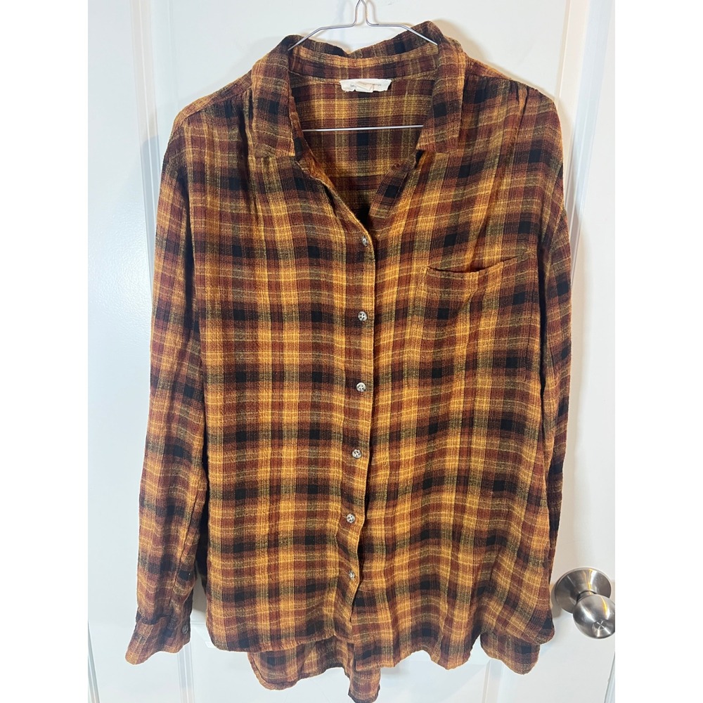 Beachlunchlounge Womens Button Down Shirt Plaid Orange Brown XL